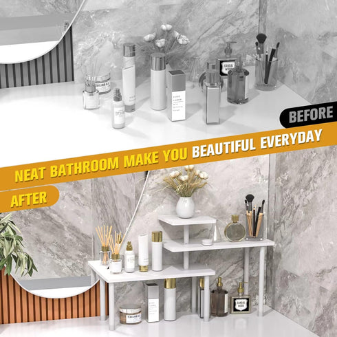JayRex 3 Tier Adjustable Bamboo Bathroom Organizer, Countertop Shelf for Makeup, Dresser Table, White
