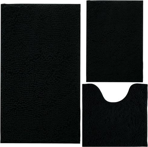 Black Bathroom Rug Chenille 3-Piece Set, Extra Soft and Absorbent Shag Bathroom Mats