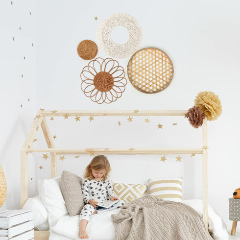 Set 8 Set Marsui of Boho Wall Hanging - Woven Rattan, Bamboo Baskets with Macrame Tassels & Tapestry for Bedroom