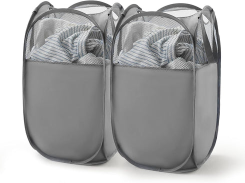 TECHMILLY 2 Pack Mesh Laundry Hamper, Pop Up Foldable Laundry Basket with Reinforced Handles, Grey