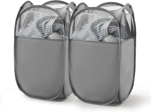 TECHMILLY 2 Pack Mesh Laundry Hamper, Pop Up Foldable Laundry Basket with Reinforced Handles, Grey