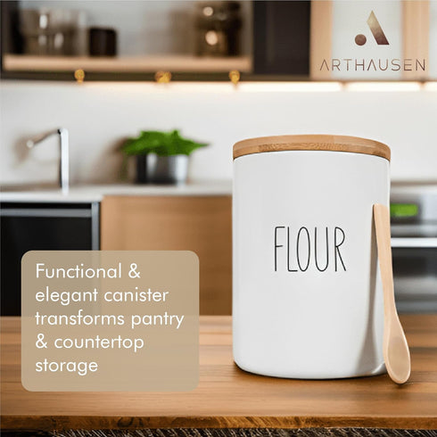 4 1080mL Counter Arthausen Flour Ceramic Storage Cup / Container w/Bamboo Lid Silicone Seal & Spoon, Modern Abstract