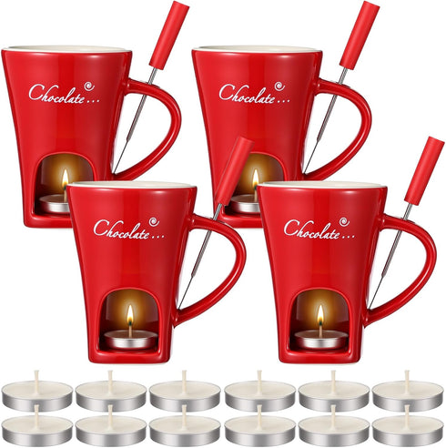 Honeydak 4 Set Chocolate Fondue Mug with Fork and Candle Sweet Ceramic
