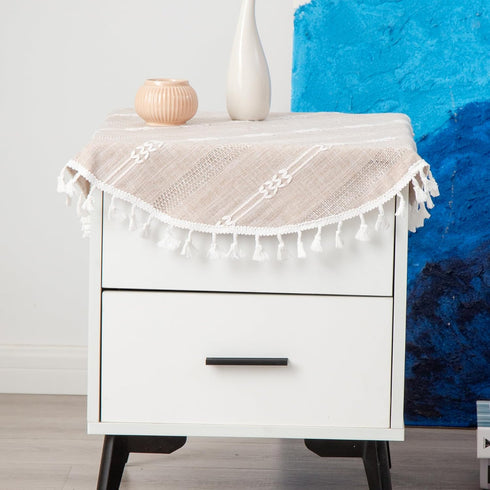 Round Linen Light Coffee Small Tablecloth Farmhouse Embroidered Bedside Table Cover Washable