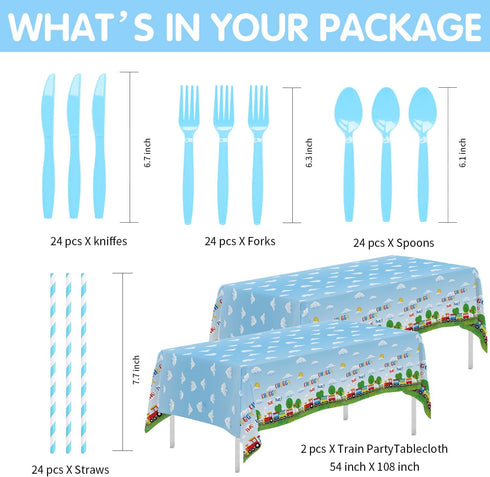 APOWBLS 2nd 24 Chugga Chugga Two Two Birthday Party Supplies, Paper Plate, Cup, Napkin, Disposable Cutlery, Tablecloth