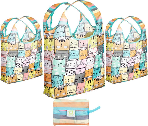 O-WITZ Reusable Grocery Bags, Vibrant Tote Bag for Groceries, Washable Design, 3 Pack, Cats