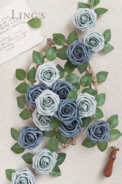 Ling's Moment 50Pcs Artificial Flowers, Dusty Blue & Navy Roses with Stems for Wedding Bouquets & Decor
