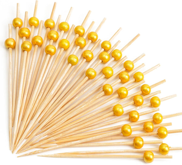 PuTwo Handmade Bamboo Cocktail Picks - Appetizer Toothpicks, 100 Counts, 4.7” with Yellow Pearls