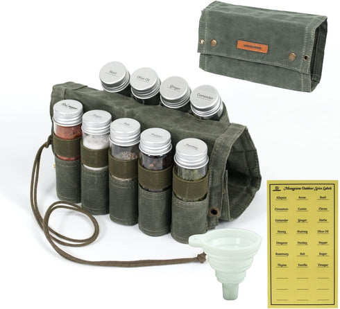 MONGPIENS Camping Spice kit with 9 spice Jar,rope,Spice Labels Sticker,Silicone Collapsible Funnel, Canvas