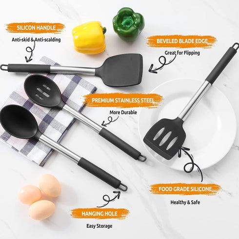 E-far Cooking Utensils Set of 4, Heat Resistant Silicone Kitchen Utensils for Non-stick Cookware (Black)