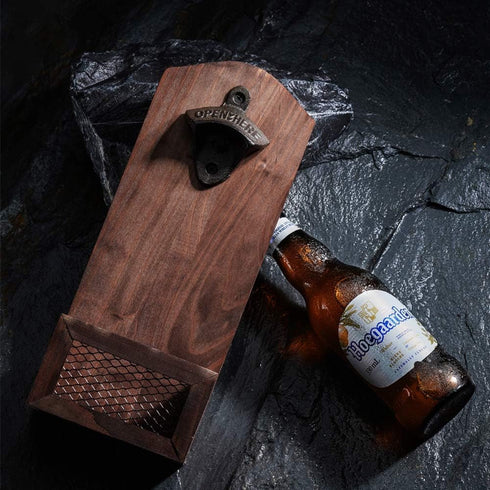 Vintage Wooden Wall Mounted Bottle Opener with Cap Collector Catcher, Ideal Gift for Beer Lovers