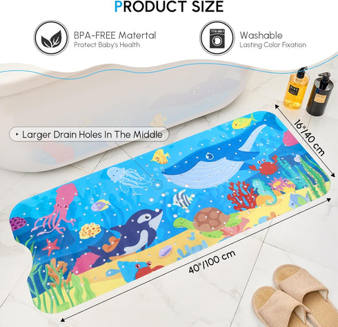 40 16 Inches, Baby Bath Mat Non Slip, Cartoon Kids Bath Mat for Tub x Non Slip Bathtub Mat with Suction Cups and Drain