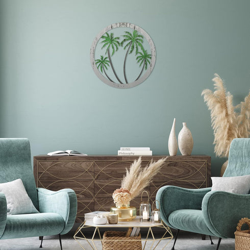 Zhengmy Metal Palm Tree Wall Art Decor - Tropical Hanging Decor for Garden Home Patio Supplies (12'' Green Silver)