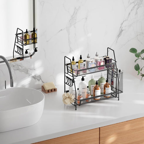 VITVITI 2-Tier Bathroom Organizer Countertop, Small Black Metal Wire Mesh Storage with Basket Hooks and Vanity Tray