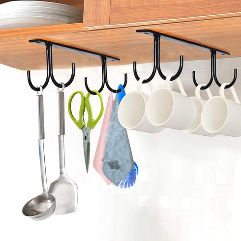 Mocoum Rustic Under Cabinet Mug Rack, 2 Pack Black Cup Holder with 8 Hooks for Mugs and Kitchen Utensils