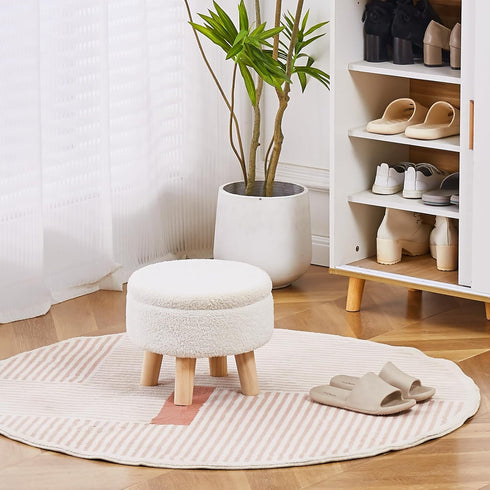 Wimarsbon Storage Ottoman, Modern Round Footrest with Soft Padded Seat, Teddy Velvet Footstool with Wood Legs, Accent