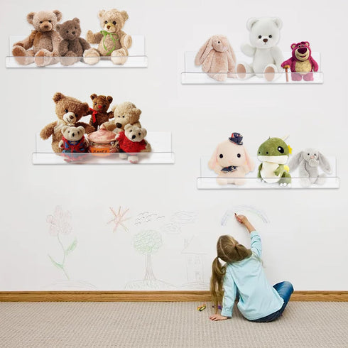 CECOLIC 4 Pack 15'' Clear Acrylic Floating Shelves for Wall, Plastic Wall Mounted Display Shelf Kids Bookshelf