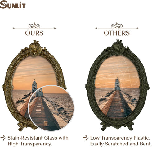Sunlit Vintage Picture Frame, 5x7 Inch Oval Antique Photo Frames with Glass Front, Luxury Display, Brown