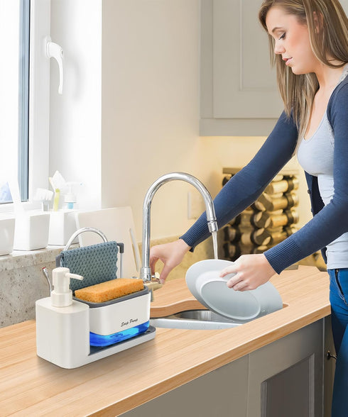 Hand and Dish Soap Dispenser Set with Tray, 5-in-1 Organizer for Kitchen Sink Countertop Storage, Useful Kitchen Gadgets