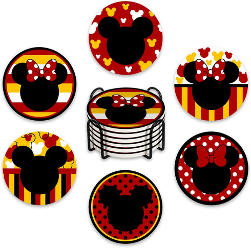 Cute Cartoon Mouse Drink Coasters Set of 6, Red Yellow Absorbent Ceramic Cup Mat for Coffee Table Protection