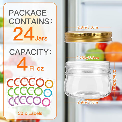 Mcupper 4 oz 24 Pack 30 Mason Jars With Gold Lids, Regular Mouth Canning Jars for Jam, Honey, Yogurt, Spices, Snacks