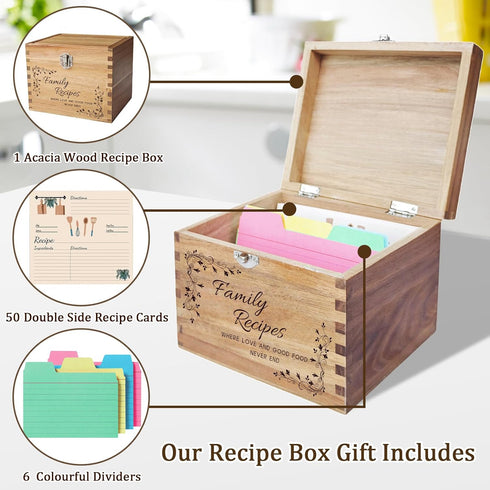 YOJO Handcrafted Recipe Box: Wooden Recipe Box with 50 Double Sided 4x6 Recipe Cards and 6 Dividers