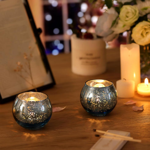 Set 12, Volens Round Blue Votive Candle Holders of Blue Wedding Centerpiece Table Decorations, Mercury Glass Tealight