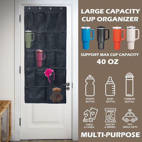 18 Pockets Door Hanging Water Bottle Organizer Rack, Large Capacity Door Storage for Stanley Tumbler in Classroom Office