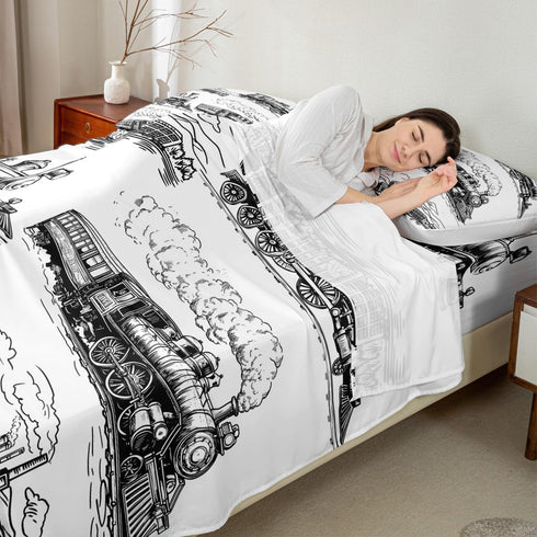 Set 3pcs 1 Manfei Retro Steam Locomotive Twin Size Bedding - with Deep Pocket Fitted Sheet, Flat Sheet, Pillowcase