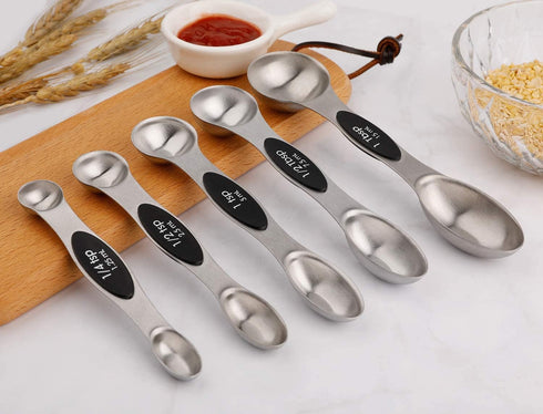 Magnetic Measuring Spoons Set of 5, Stainless Steel Dual Sided Stackable Teaspoon for Dry and Liquid Ingredients