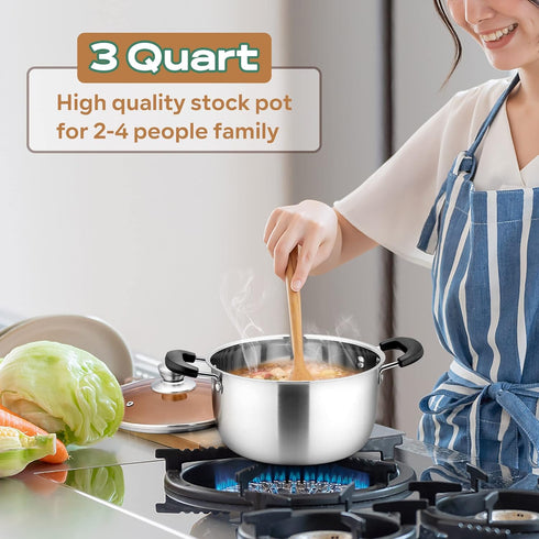 LIANYU 3QT Stainless Steel Stock Pot with Lid, Heavy Duty Cooking Soup Pot for Stew, Simmer, Boiling