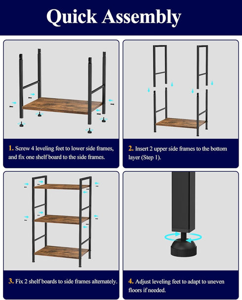 3-Tier (16.5"11.0"28.1") Kitsure Book Shelf - Wood & Metal Bookshelf with Handle & Adjustable Feet, Lightweight