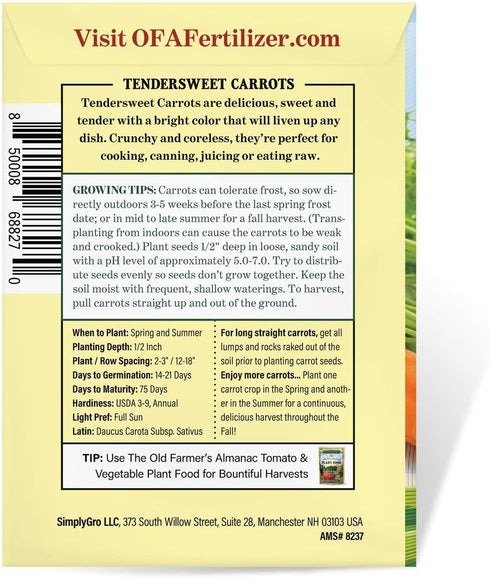 The Old Farmer's Almanac 2600 Heirloom Carrot Seeds (Tendersweet) - Approx Seeds - Non-GMO, Open Pollinated