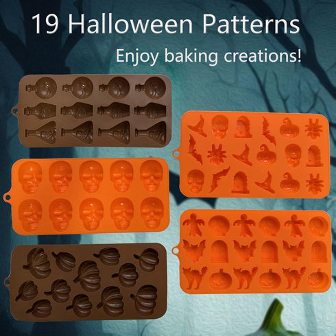 5PCS Halloween Themed Silicone Molds, 70 Cavity 3D Skeleton Pumpkin Ghost Bat Shapes for Baking