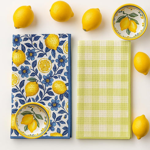 Summer 16x24 Inches (Set 3) Cerise Lemon Kitchen Towels - Premium Quick Dry Microfiber Cloth Spring & Dish Towels