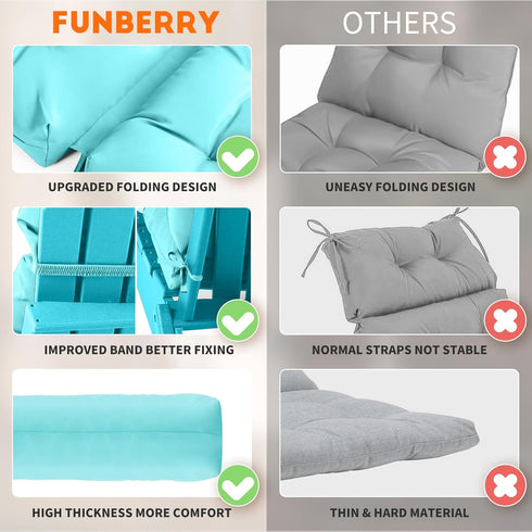 FUNBERRY Adirondack Chair Cushion, Thicken Comfy Cushions for Rocker Non Slip Fade Shield Waterproof High Back