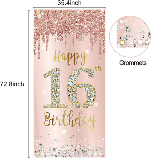 16th Birthday Door Banner Decorations for Girls, Pink Rose Gold Sweet 16 Birthday Cover Backdrop Party Supplies