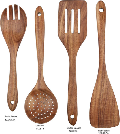4-Piece Wooden Cooking Utensils Set for Non-Stick Cookware, Includes Spatula, Fork, Turner, Ladle, Strainer Spoons