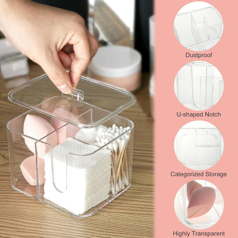 Qtip Holder - Clear Acrylic Cosmetic Items Storage Dispenser for Bathroom Vanity Countertop, 4 Compartments