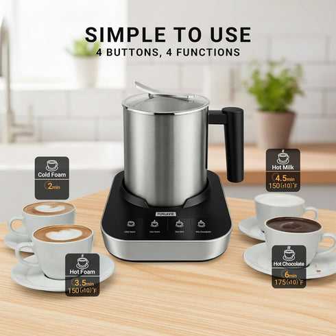 FUNLAVIE 4-in-1 400ml(13.5oz) Electric Milk Frother and Steamer, Stainless Steel Pitcher with Auto Shut-Off, Hot & Cold
