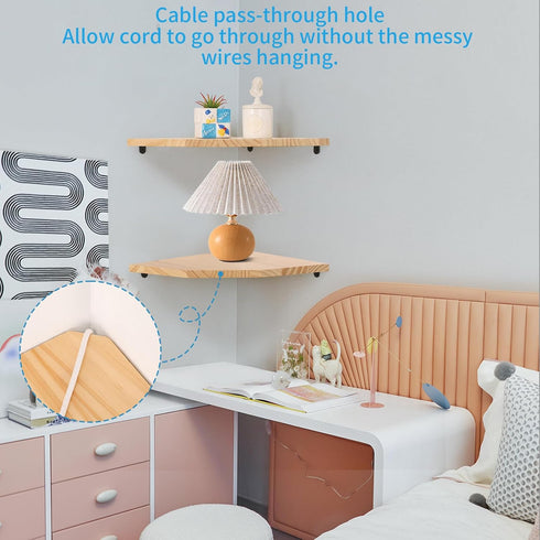 Set 2, (12 inch) Wood Corner Wall Shelves of Solid Wood Corner Floating Shelves, Round End Wall Mounted Floating Corner