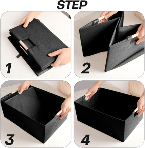 Fabric Storage Bin Box, Foldable Cotton Linen Storage Basket with Wooden Handles, Rectangular Cube Decorative Home