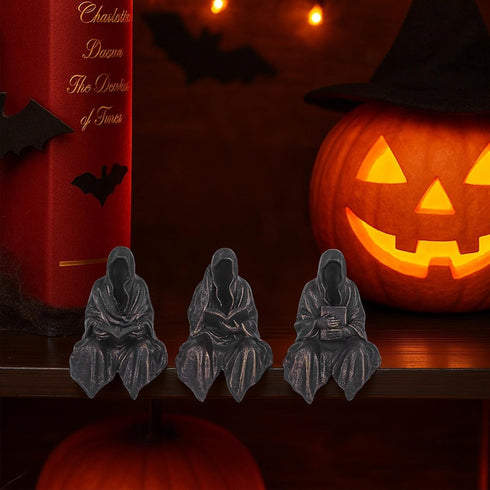 Set 3, Reading Statue Suriel Bookshelf Figure of Gothic Fantasy Black Robe Statue, Mystery Reading Figurines Sitting