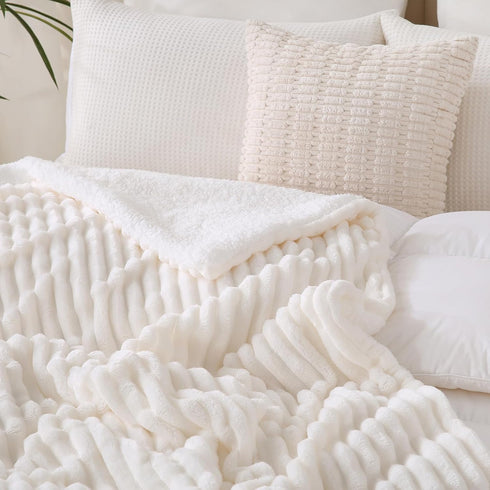 9090 Cozy Cream White Sherpa Fleece Throw Blanket for Couch Sofa Bed,Super Soft Plush Double Side Thick Flannel Blanket