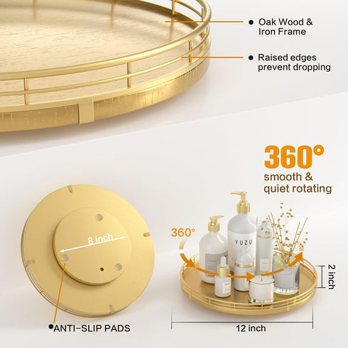 12" Countertop Gold Lazy Susan for Table Top, Oak Wood Lazy Susan Turntable Organizer for Dining Coffee Table