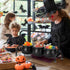Halloween Party Decor - Set of 3 Witches Cauldron Serving Bowls on Rack, Black Plastic Cauldron with Skeletons