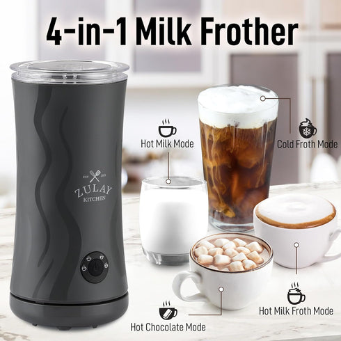 Zulay Kitchen Powerful 4-in-1 Electric Milk Frother and Steamer - Durable Cold Foam Maker for Coffee & Latte, Hot