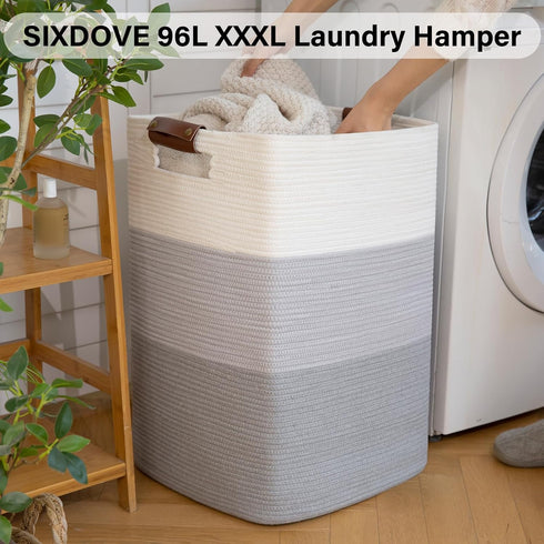 Extra Large Laundry Hamper 96L, Cotton Woven Storage Basket with Handles for Living Room, Gradient Grey