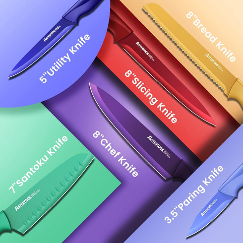 Astercook Knife Set, 12 Pcs Color-Coded Kitchen Knives Set, 6 Color Anti-Rust Coating Stainless Steel Chef Knife Sets with 6 Blade Guards Dishwasher Safe by Astercook