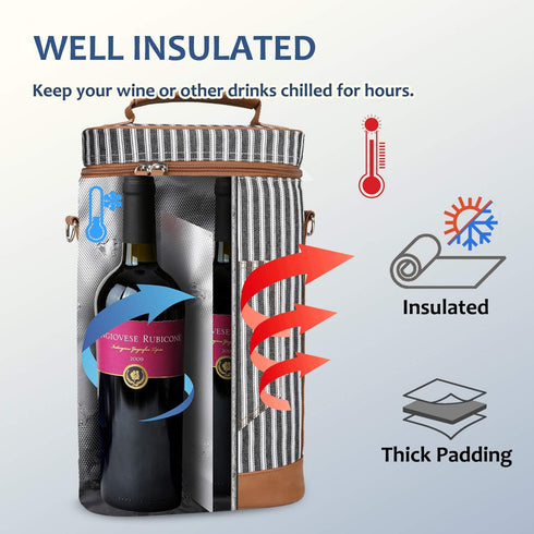 Tirrinia 2 Bottle Wine Gift Tote Carrier, Leakproof & Insulated Padded Wine Cooler Bag for Travel, Black Stripe